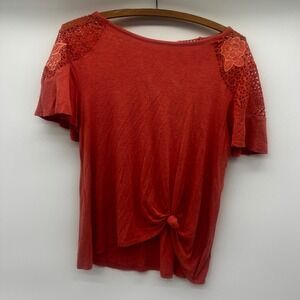 Rewind Womens Rust Orange Crochet Lace Floral Shoulder Knot Front Top Medium
